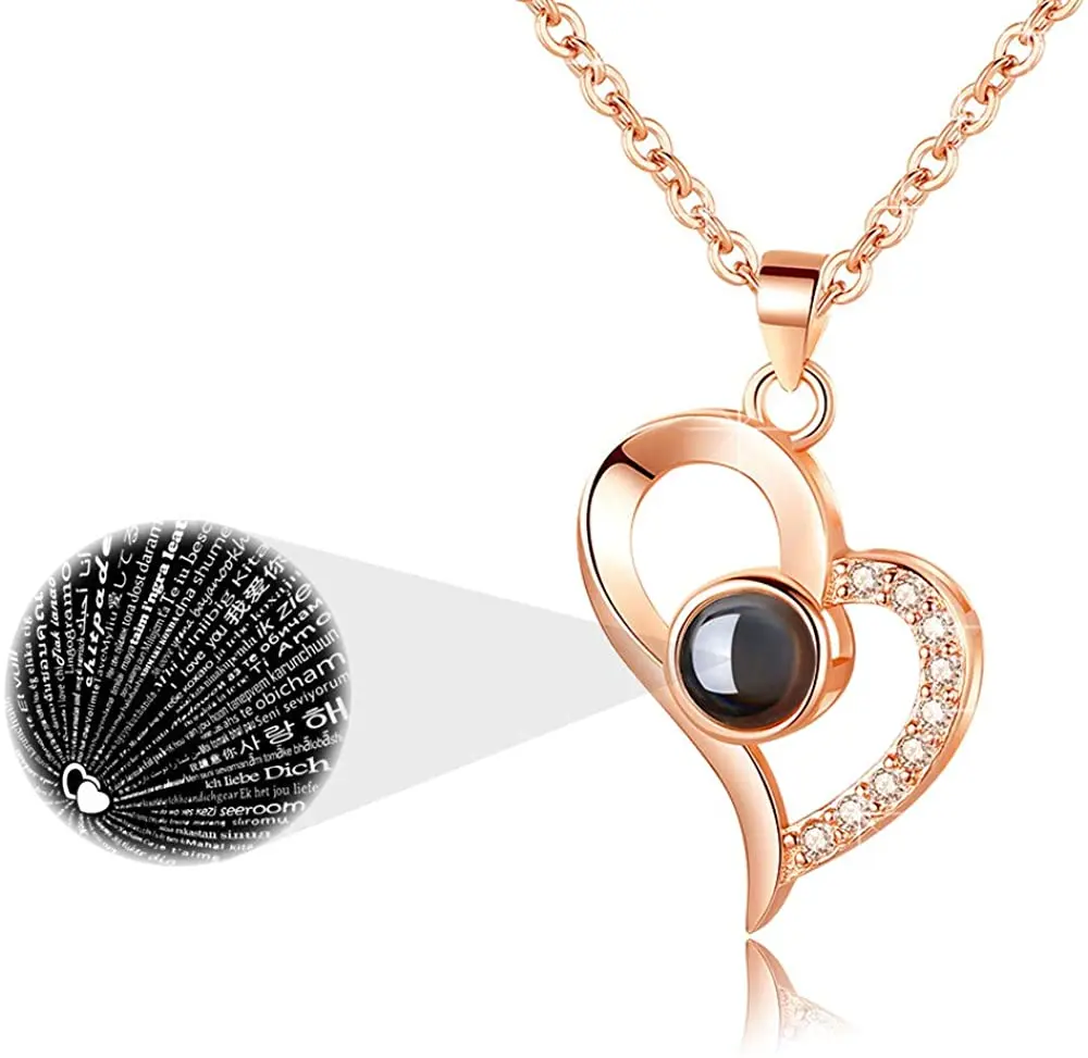 

2021 Rose Gold Plated I Love You 100 Languages Projection Crystal Heart Romantic Jewelry Chain Pendant Necklace for Women Gift, Gold silver