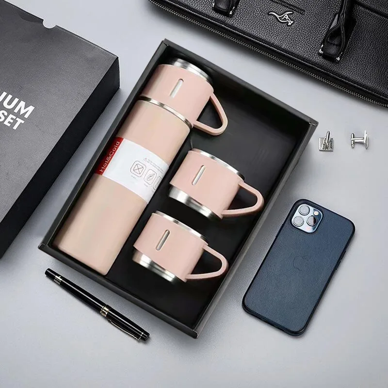 

Double wall vacuum flask men gift set luxury gift sets 500ml brown vaccum flask set with lid
