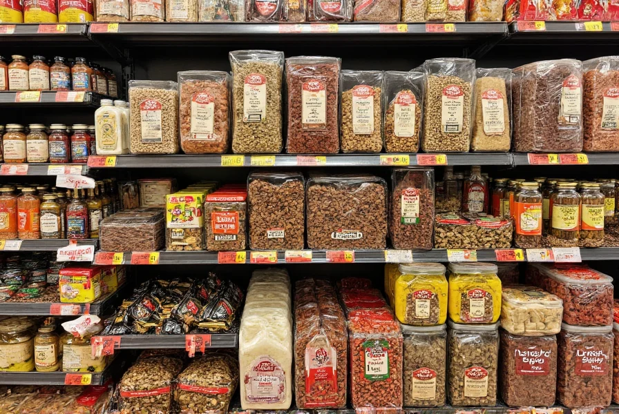 Various anise and licorice products in grocery store including seeds, root, extracts, and candies