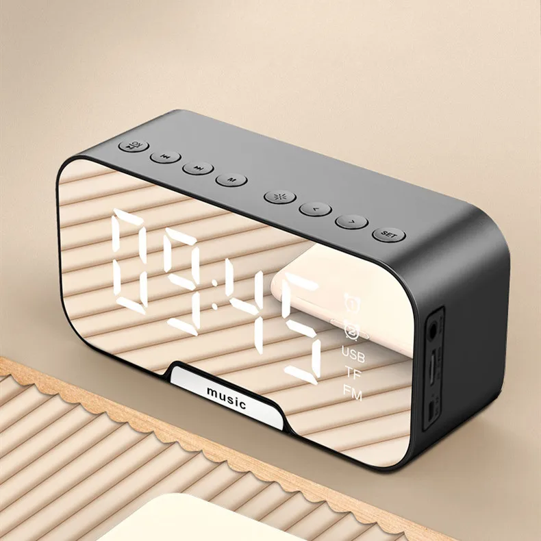 

Wireless Speaker with FM Radio LED Mirror Alarm Clock Subwoofer Music Player Snooze Desktop Clock