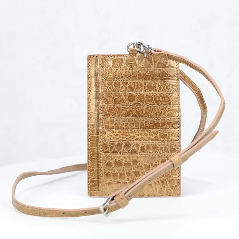 

Golden crocodile skin card holder with long strap real leather card wallet smart holder with wrist strap