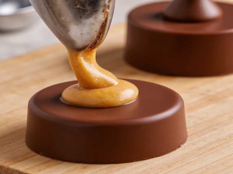Peanut butter filling being pressed into chocolate base