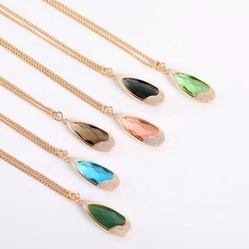 

Korean Simple Trending Jewelry Colorful Geometric Crystal Zircon Water Drop Pendant Necklaces Gold Plated Sweater Chain Necklace