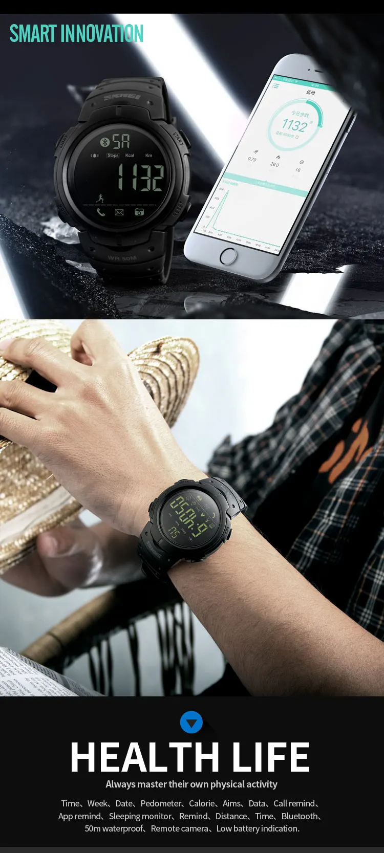 Top Fashion Skmei Bluetooth Men Sport Digital Wrist Watch Waterproof Reminder IOS Android Calorie Pedometer Fitness Smartwatch