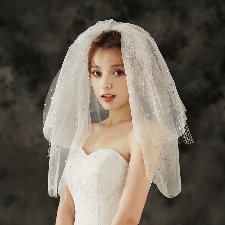 

Shenglan Fashion Ivory White Three-layer Wedding Veils Bridal Exquisite Bronzing Mesh Short Veil Wedding White With Comb