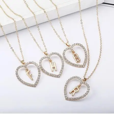 

2019 New Simple gold Letter Heart Initial Necklace & pendants double Rhinestone choker necklace women statement jewelry Gifts, Silver