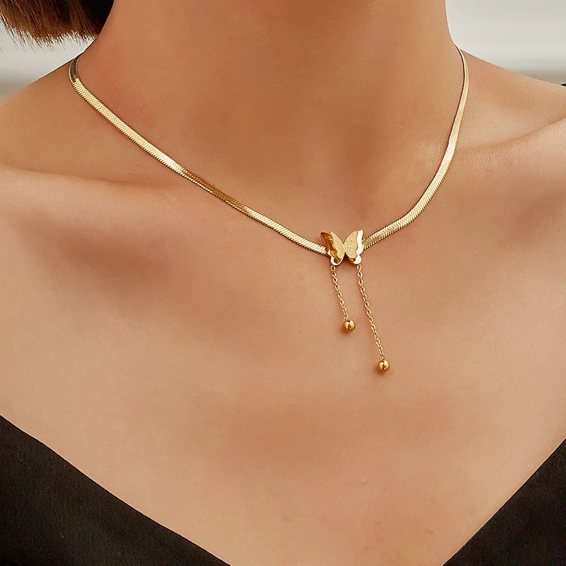 

2021 18k gold plated stainless steel snake chain necklace simple butterfly pendant for women girls