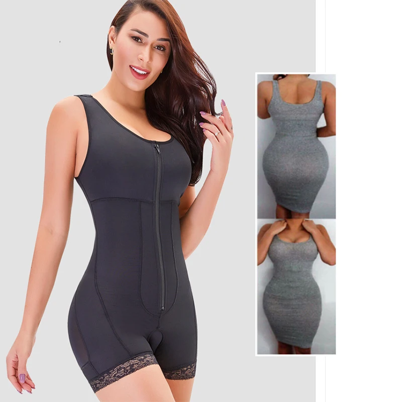 

Full Body Shaper Bodysuit Colombian Reductive Girdle Butt Lifter Waist Trainer Slimming Shapewear Post Liposuction Thigh Trimmer, Black and skin