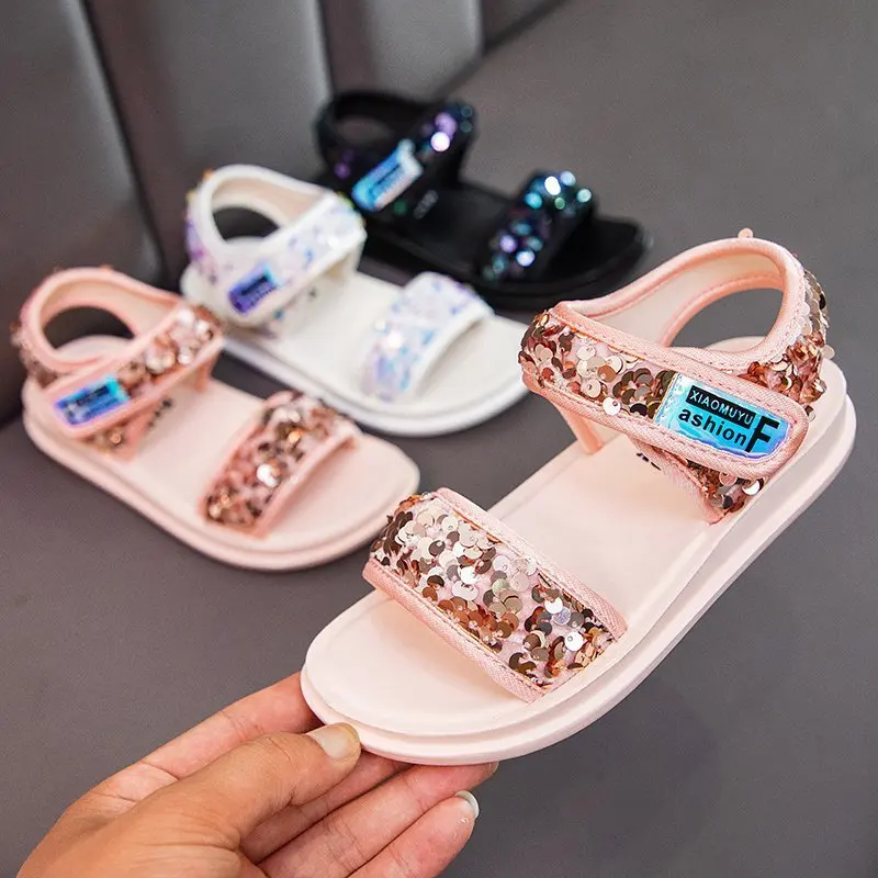 

Girls' Sandals 2021 Summer New Fashion Sequin Children's Shoes Middle and Small Girls' Soft Bottom Princess Sandals