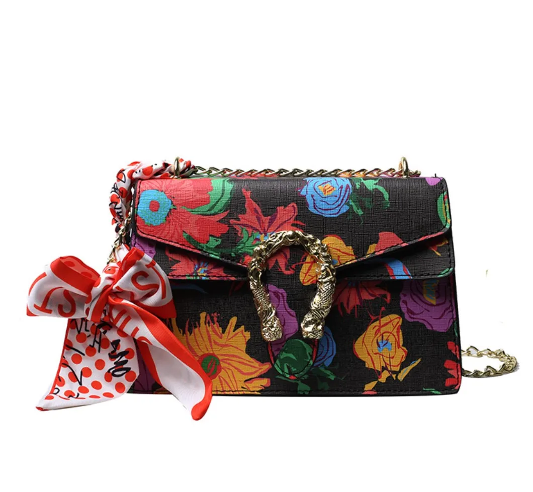 

Summer Style Small Square Bags Colorful Flower Printing Women Sling Bags Metal Chain Scarf Decor Dionysus Bag