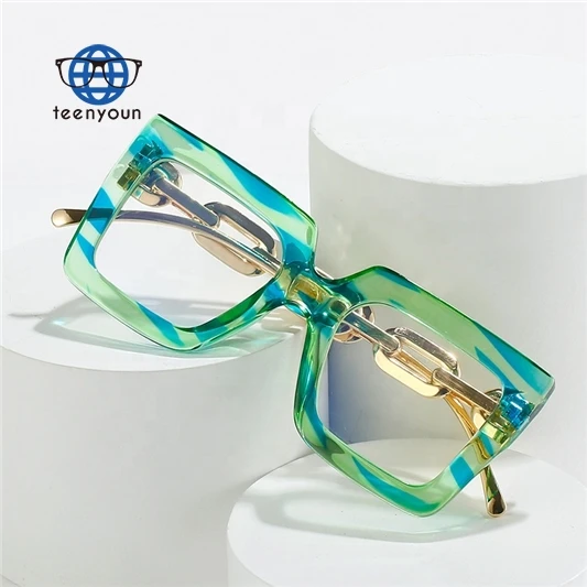 

Teenyoun Eyewear Metal Chain Legs Clear Pc Frame Eyeglasses Women Oversized Square Blue Light Blocking Glasses Eyeglass