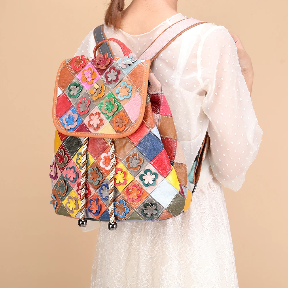 

Westal 9228 genuine leather women's woven patchwork backpack vintage trendy backpack school bags bagpack backpack for girls