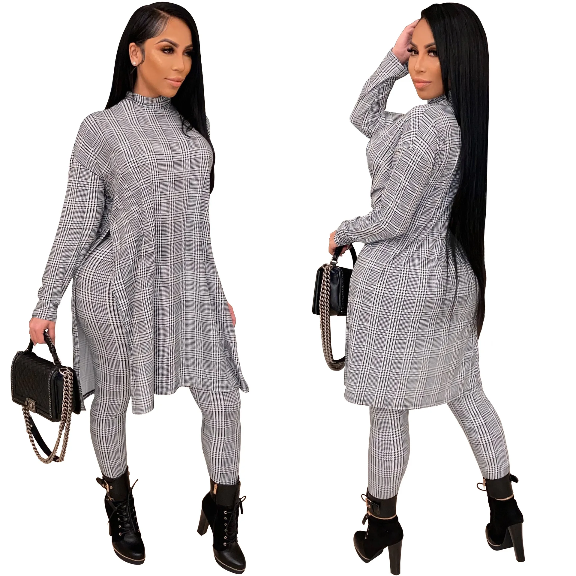 

bulk female fall home clothes leisure wear plaid print high neck cozy casual lounge pj sets for women