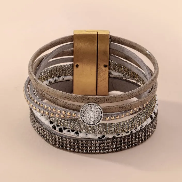 

new statement layered PU leather crystal bracelet leather woman