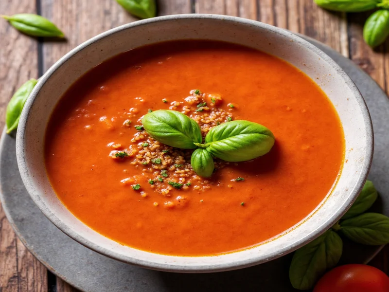 Bowl of tomato soup with fresh basil garnish