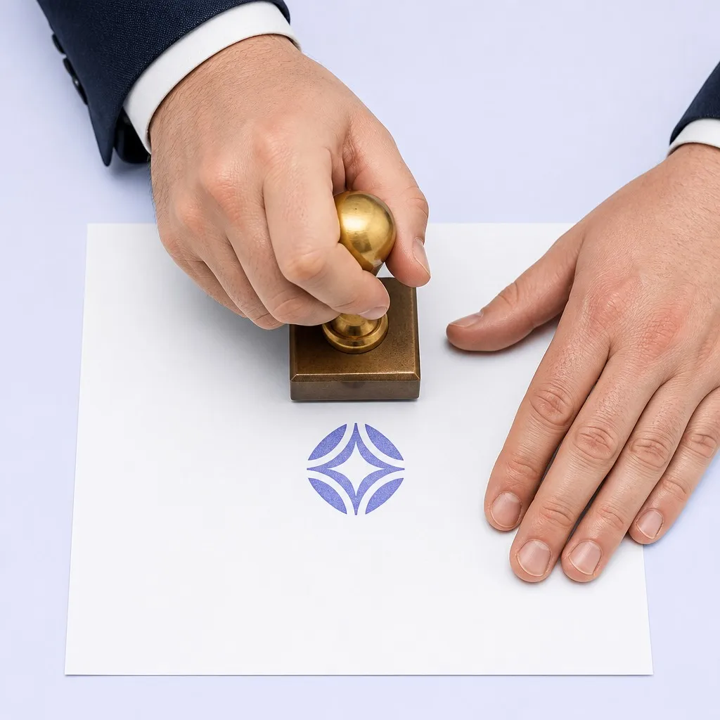 Two hands pressing a stamp onto paper