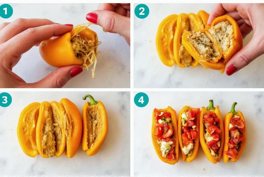 Step-by-step preparation of stuffed banana peppers showing cutting, seeding, and filling process with fresh ingredients arranged neatly