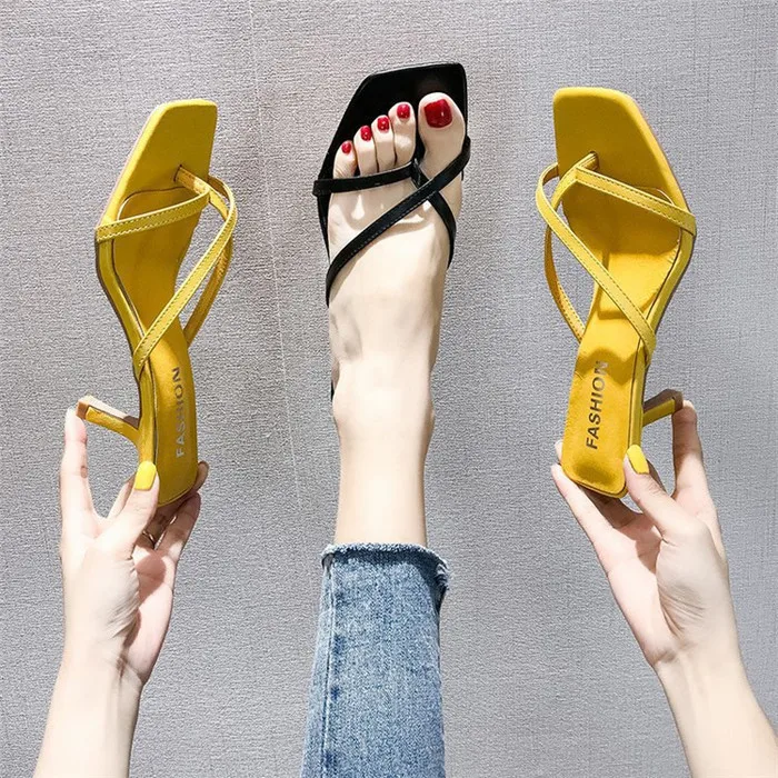 

High-heeled slippers Women's summer outer wear thin heel fashion sleeve toe middle heel cross sandals, Yellow, black, beige