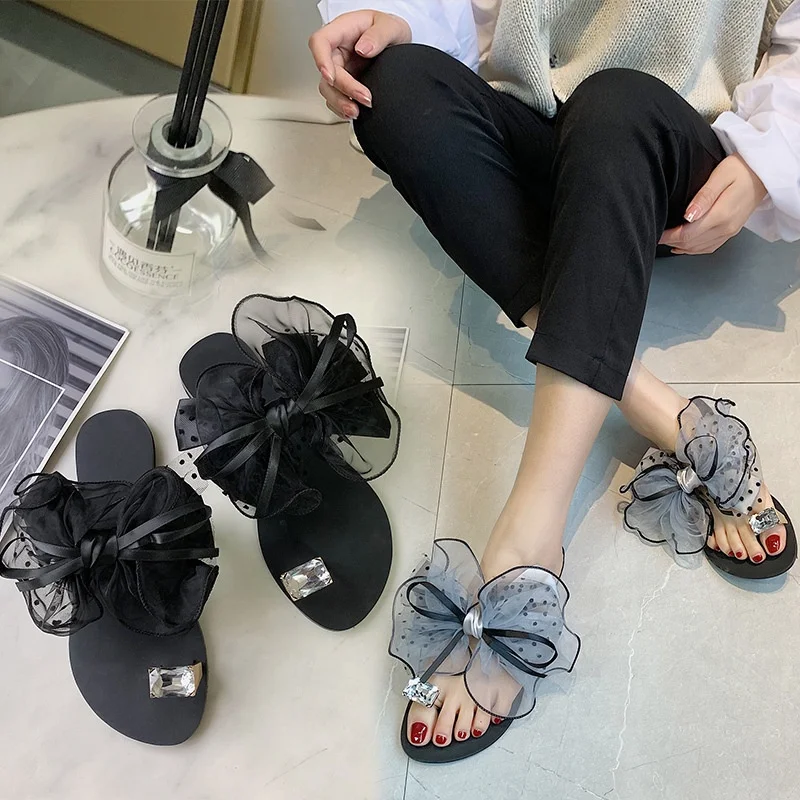 

Summer New Style Set Toe Flat Bottomed Slides Women Sandals Sweet Bow Outdoor Flip Flops Ladies Casual Slippers, Picture