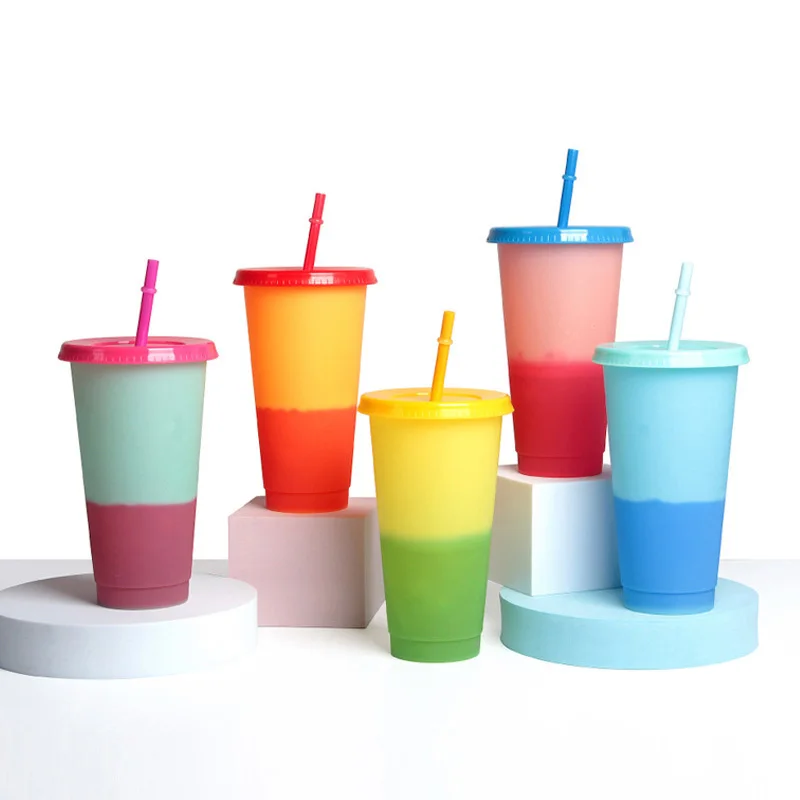 

Cold color changing plastic reusable straw cups tumbler with lid, 5 colors optional