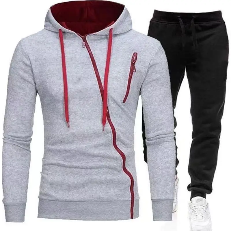 

Spring and autumn men's long-sleeved hooded casual sweater suit oblique zipper cardigan 2-piece jacket custom wholesale