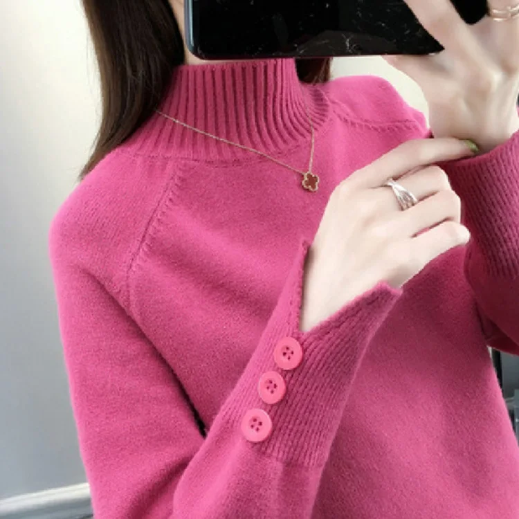 

Mock Neck Solid Color Fall Clothing Long Sleeve Pullover Top For Women Knitted Sweater, Cyan / beige / black / blue / green / rose red