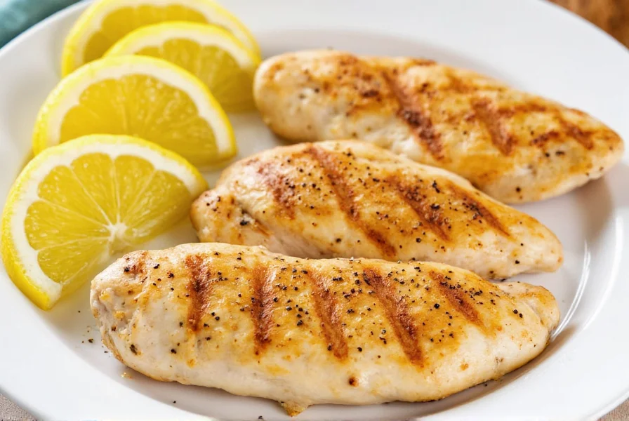 Perfectly seared lemon pepper chicken breasts with fresh lemon slices and cracked black pepper on white plate
