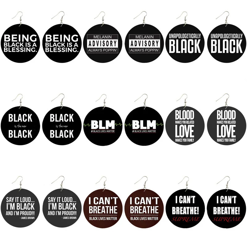 

2021 Boho I can't Breathe African Wooden Drop Earrings Printing Wood Drop Earring For Women Gifts