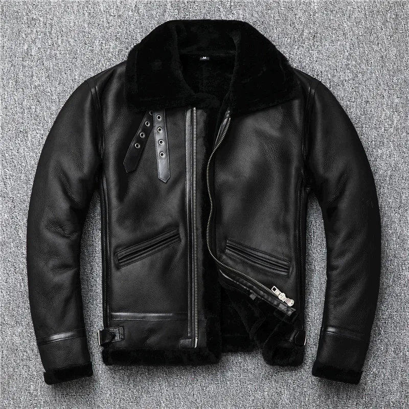 Men's One Fur Shearling Genuine Lambskin Thick Warm Motorcycle Wool Collar Leather Jacket Winter