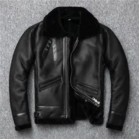 

Men's One Fur Shearling Genuine Lambskin Thick Warm Motorcycle Wool Collar Leather Jacket Winter