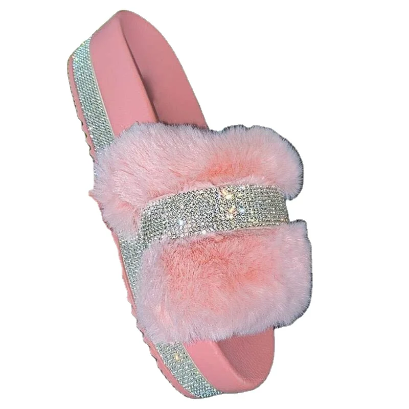 

2021 plush ladies sandals ladies rhinestone fluffy fluffy indoor platform slippers outdoor ladies sandals, Black,pink,white