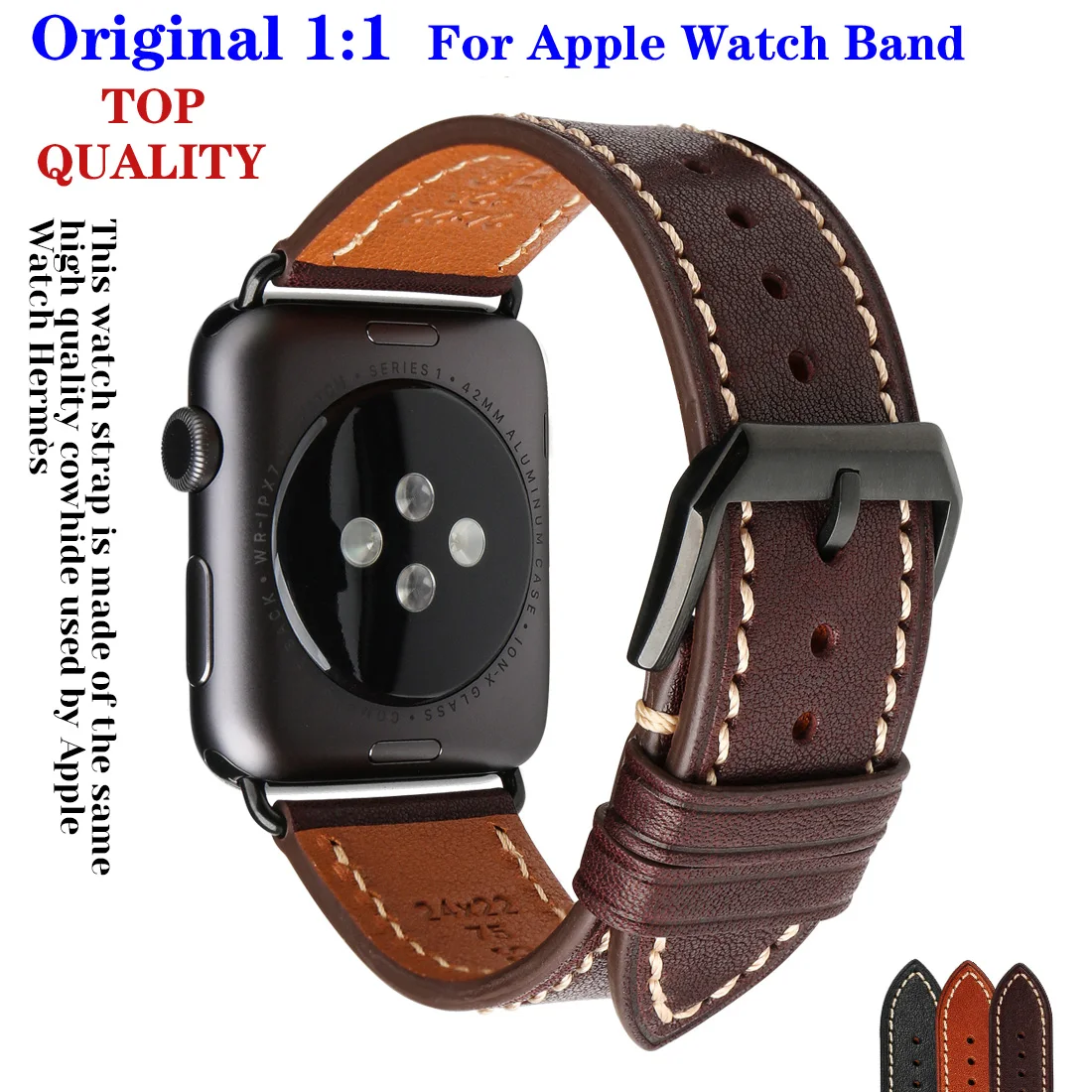 

Original For Apple Watch Band 44mm 40mm 42mm 38mm Handmade Cow Leather Strap Bracelet For iWatch Series 6 SE 5 4 3 Accessories, Black, light brown, dark brown