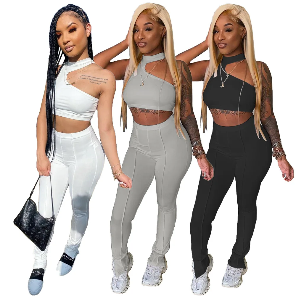 

New arrival hot style sexy club women two-piece set one shoulder fitness bodysuits two piece sets women crop top solid color, 3 colors