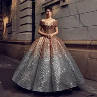 

2020 Fashion Off Shoulder Gradient Color Sequined Ball Gown Evening Dresses
