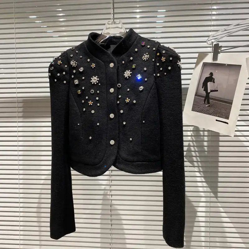 

2021 Autumn Winter New Jacket Rhinestone Beaded Ladies' Black Short Coat Padded Shoulder Stand Collar Woolen Coat Top for Women