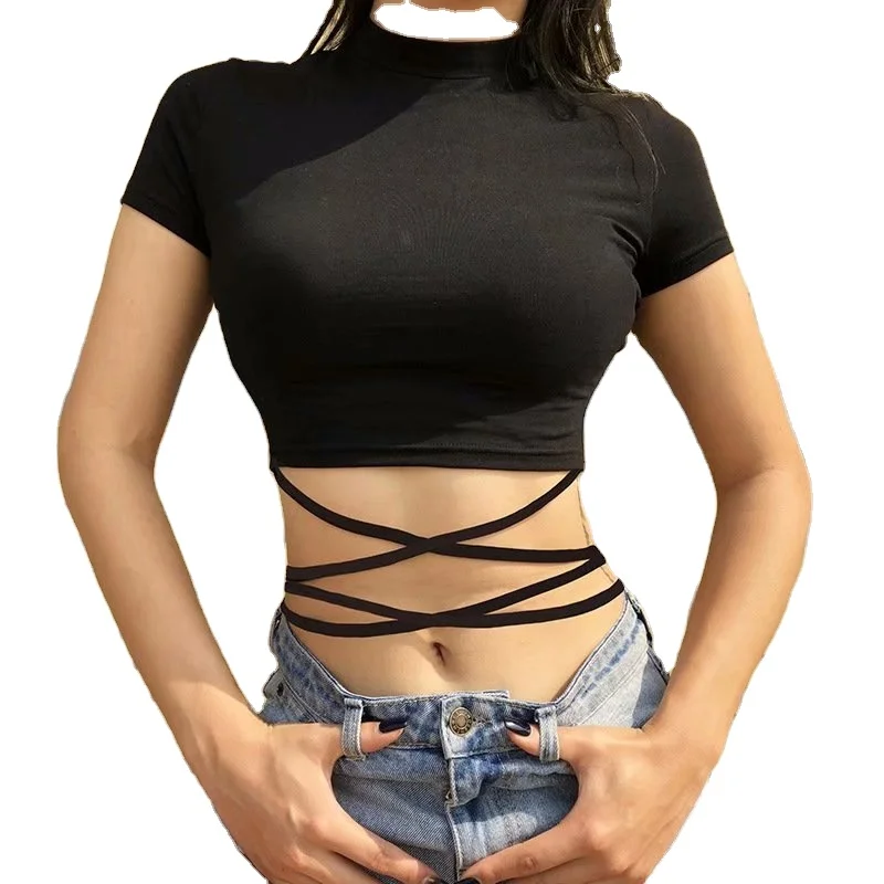 

High quality hollow rope crop pure color women's t-shirts, Picture showed