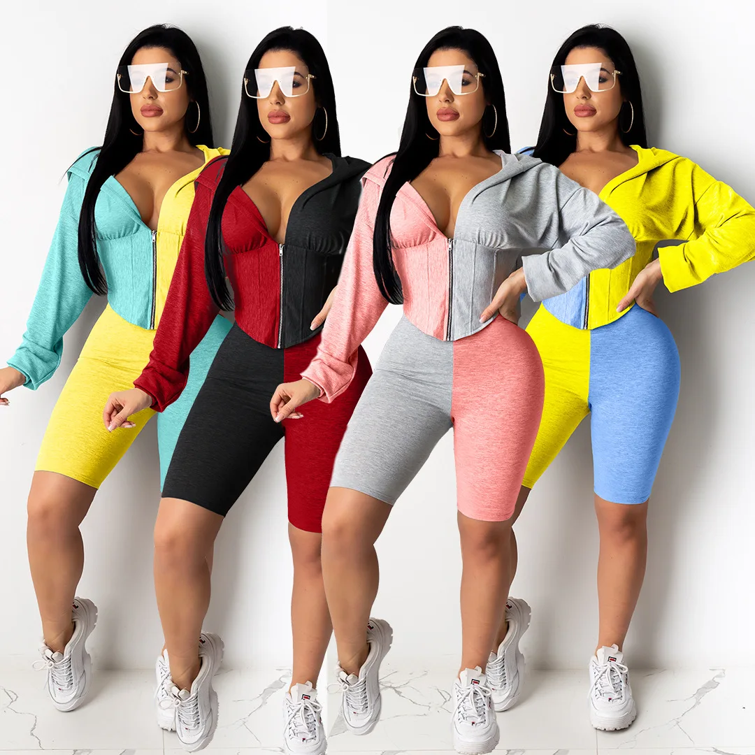 

High quality women two pieces set top shorts Multicolor splicing long sleeve summer two piece set tracksuit, Picture shows