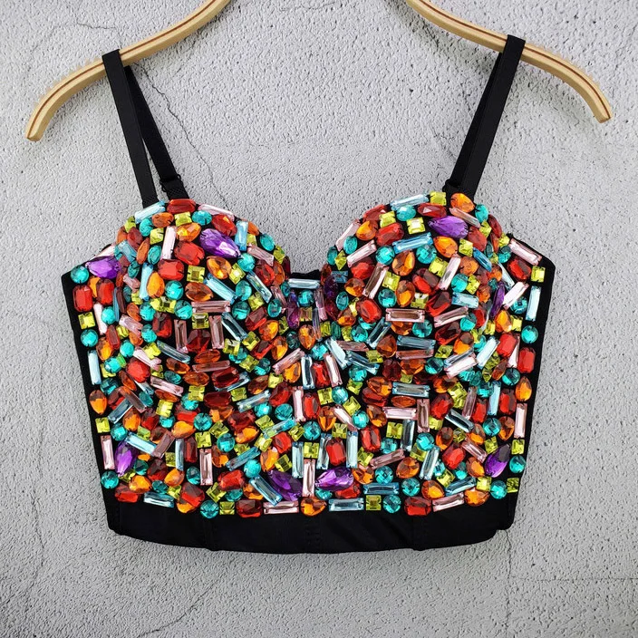 

High Quality Candy Mix Rhinestone Fancy Unique Fashion Ladies Female Spaghetti Strap Bralette Bustier Corset Top For Women Sexy