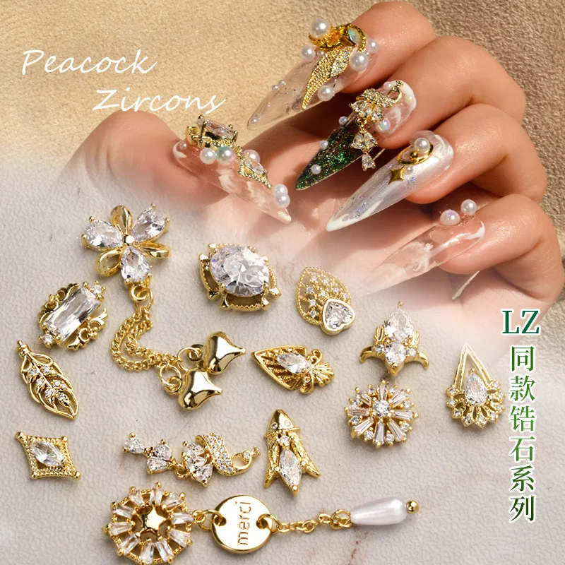 

Wholesale Luxury Copper Cubic Zircon 3D Nail Arts Rose Heart Butterfly Pearl Nail decorated Chain Beauty Nail Sticker Accessory