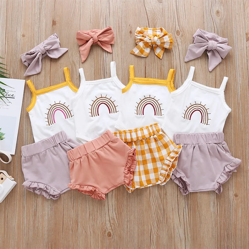 

Newborn Baby Girls 2Pcs Summer Outfits Set Sleeveless Ruffler Sleeve Tops Sleeveless top+Shorts 2 Piece Rainbow Baby Clothes, Yellow, white