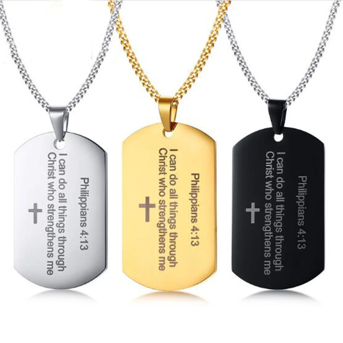 

NLJSF00006 High Polished Mens Womens Cross Dog Tag Prayer Pendant Necklace Philippians 4:13, Silver, gold, black