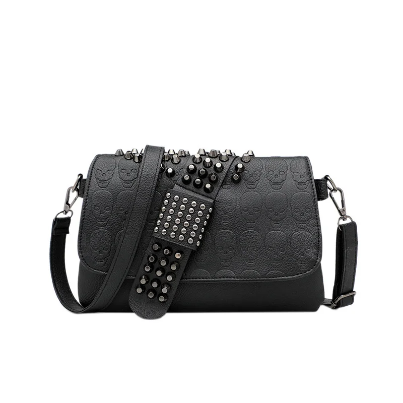 

Unique design black skull print PU leather sling bags ladies shoulder rivet handbag fashion purses luxury women