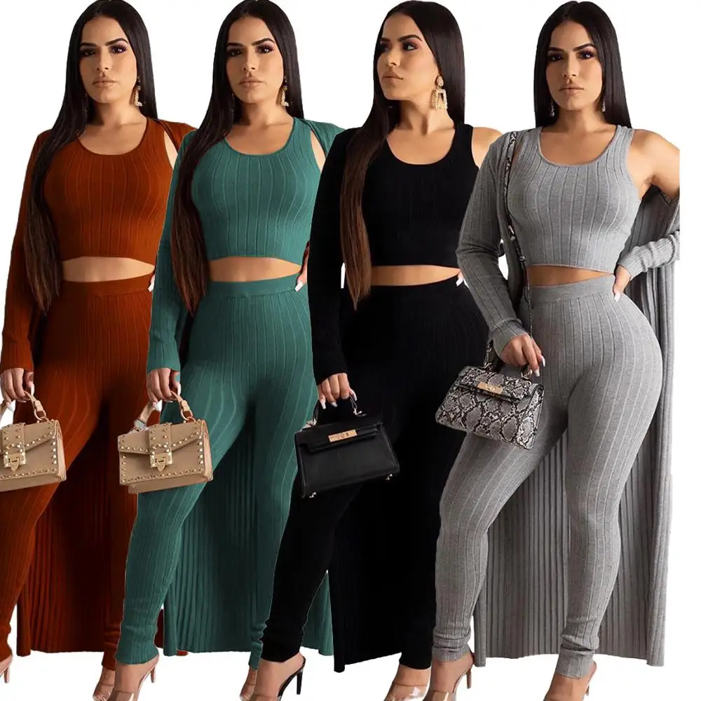 

E-HG5306 2021 Boutique Clothing Knitted Crop Top Long Cardigan Three Piece Sets Fall Clothing for Women