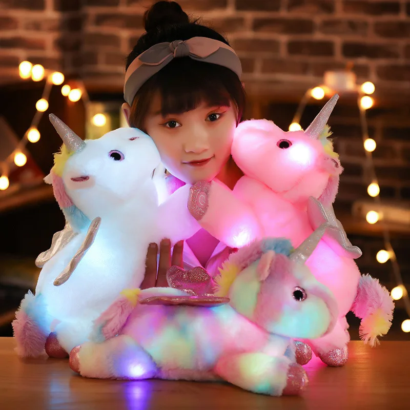 

Glowing Unicorn Colorful Doll Plush Toy Lying Angel Little Flying Horse Pillow Children Soothe Puppet Doll for Kids