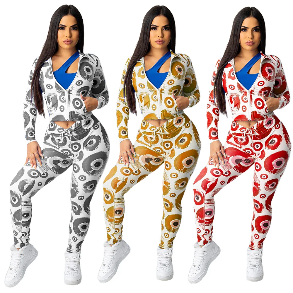 

2021 Women Clothing Two Piece Pants Set Fall Print Long Sleeve Top And Pants Suits Lounge Wear Two Piece Tracksuit, Picture shows