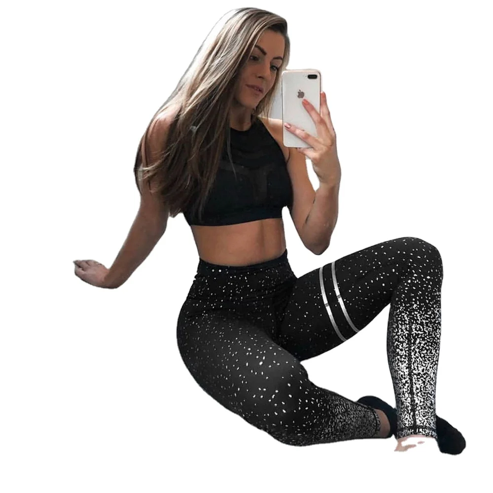 

Women Leggings No Transparent Foil Print Leggings Exercise Fitness Patchwork Push Up Female Pants