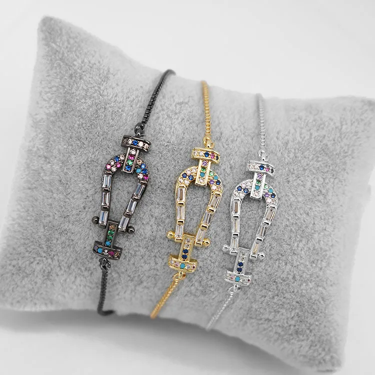 

BC1243 Fashion Rainbow Cubic Zirconia CZ Micro Pave Buckle Charm Bracelet with adjustable Chain