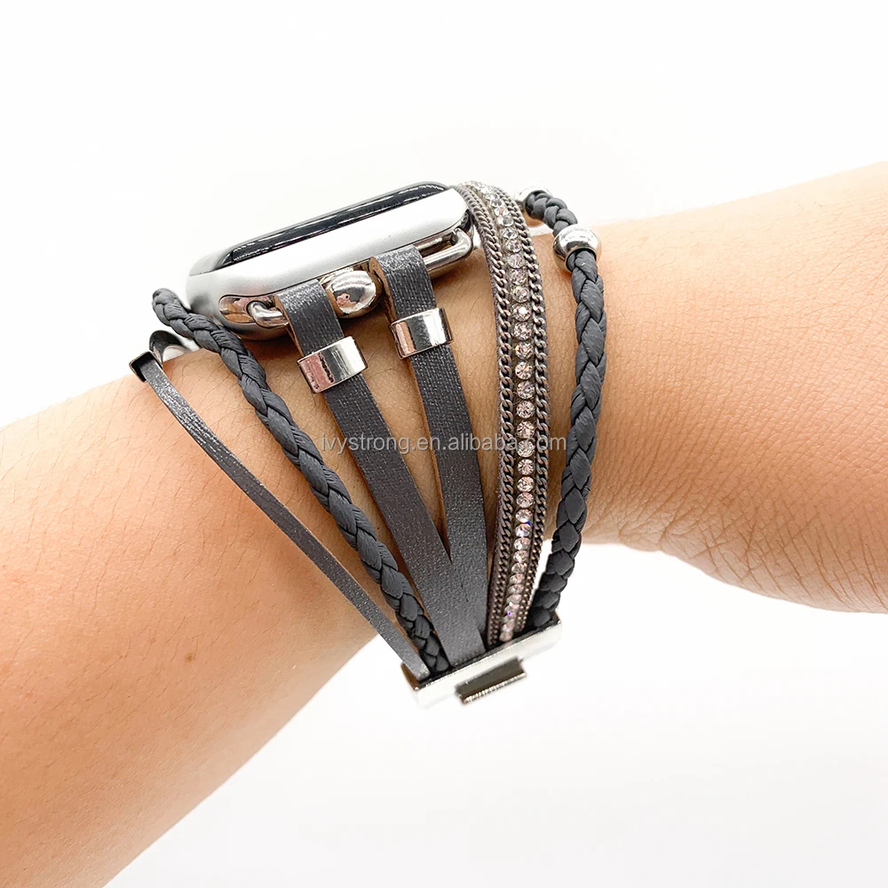 

Multi-Layer Leather Wrap Bracelet For Apple Watch SE Series 6 5 4 3 38/ 40/42/44mm ,Women Stylish Bangle Watch Strap, 2 colors