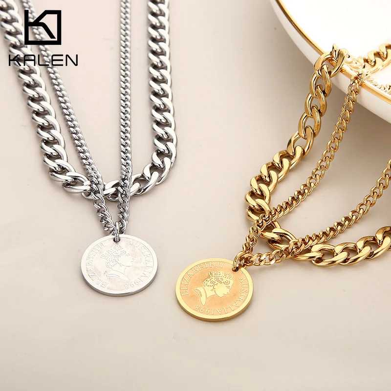 

Kalen Trend Stainless Steel Elizabeth Queen Head Pendant Double Necklaces