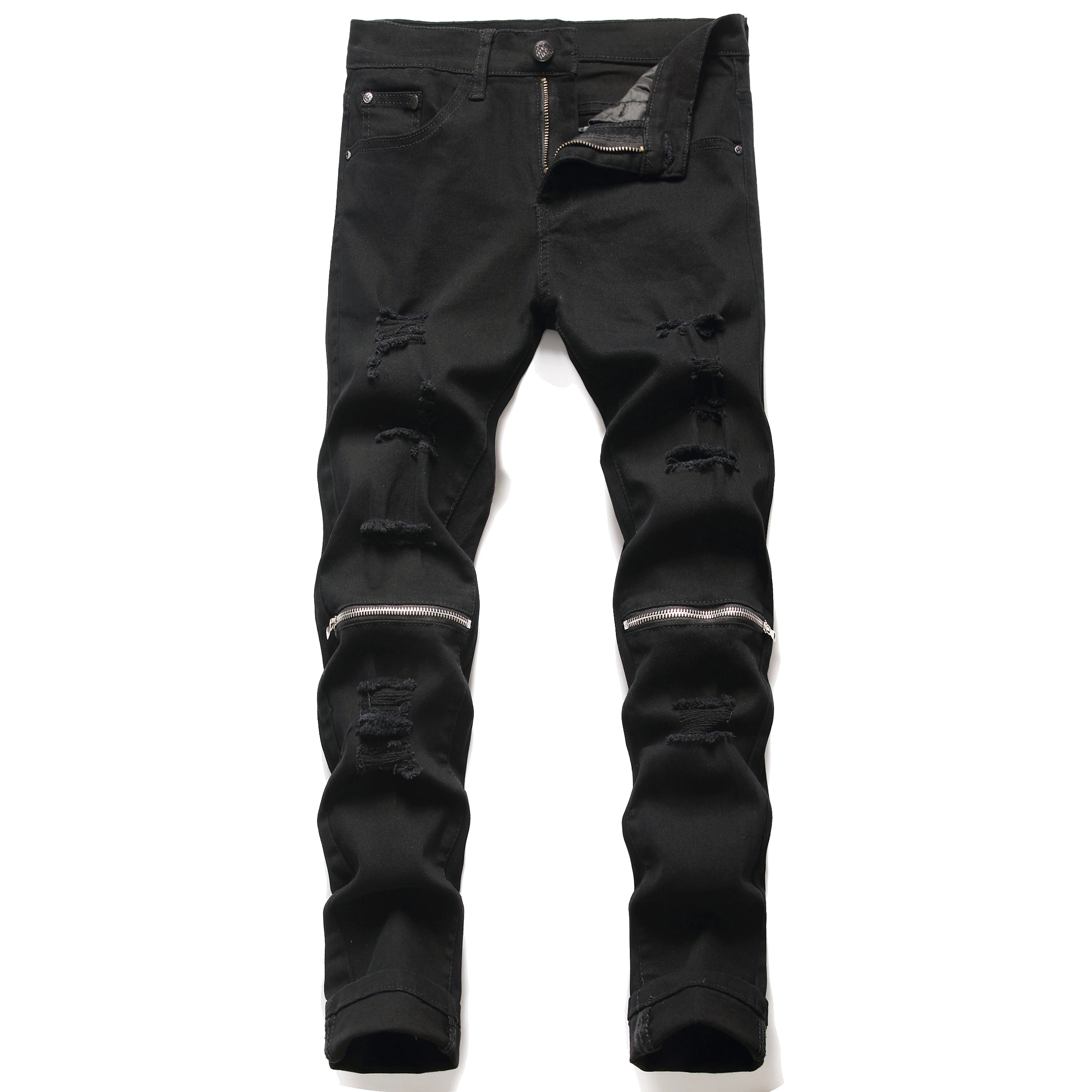 

2022 Male Jeans Black Pants With Knee Zipper Hole Biker Jeans Men Brand Slim Straight Destroyed Torn Jean Pants For Male Homme, Customized color